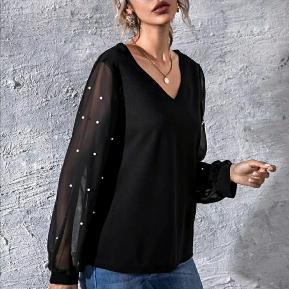 Black V-Neck Top with Sheer Pearl-Embellished Sleeves